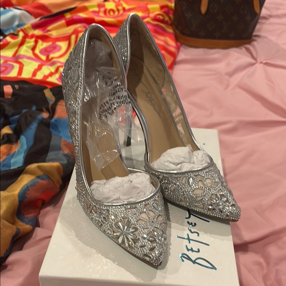 Betsey Johnson Silver Stiletto Heels with Glitter Embellishments